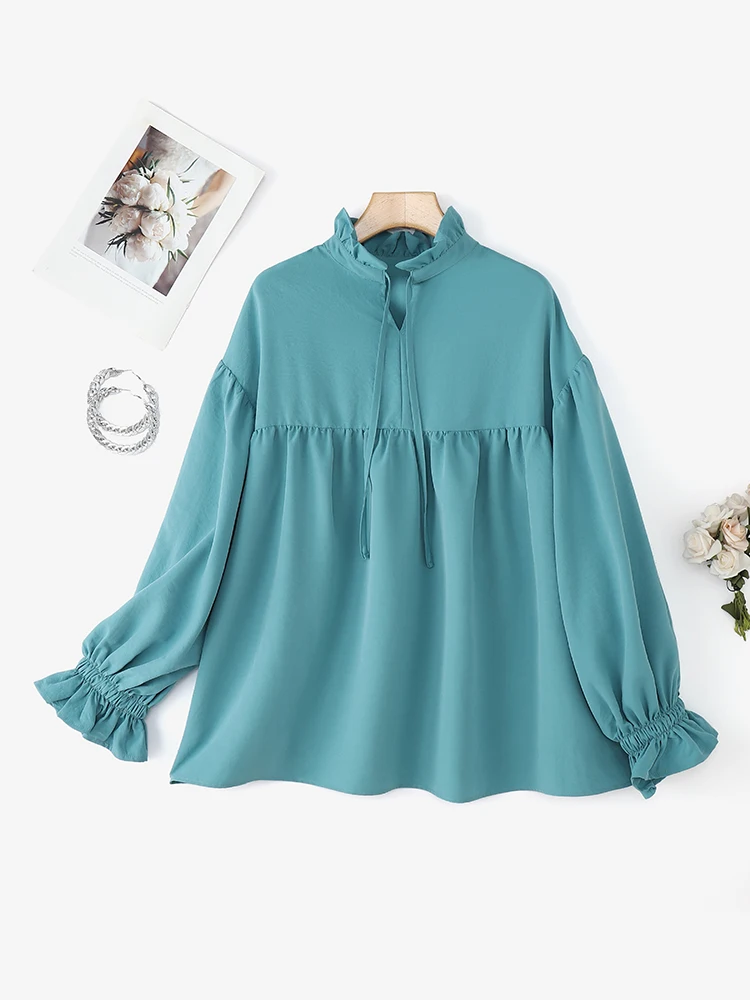 Moda Ruffled Top ZANZEA Elegante Camicetta da ufficio Donna Manica lunga 2025 Autunno Lace-Up Casual Allentato Blusas Camicie solide femminili