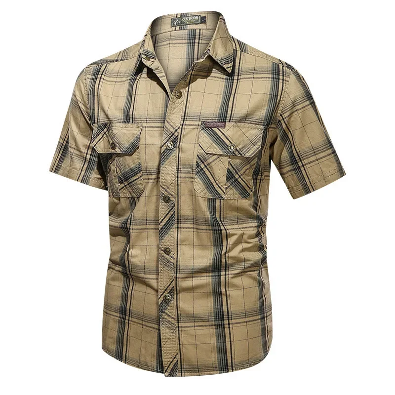 Men Summer short-sleeved Plaid Shirts Male Military Outdoor Multi-pockets Tooling Shirts High Quality Man Cotton Shirts Size 5XL