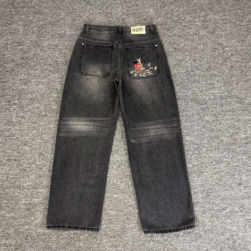 

Men Women Couple Derschutze Jeans Retro Washed Street Embroidery Carp Pond Pattern Straight-leg Pants Loose Casual Denim Pants