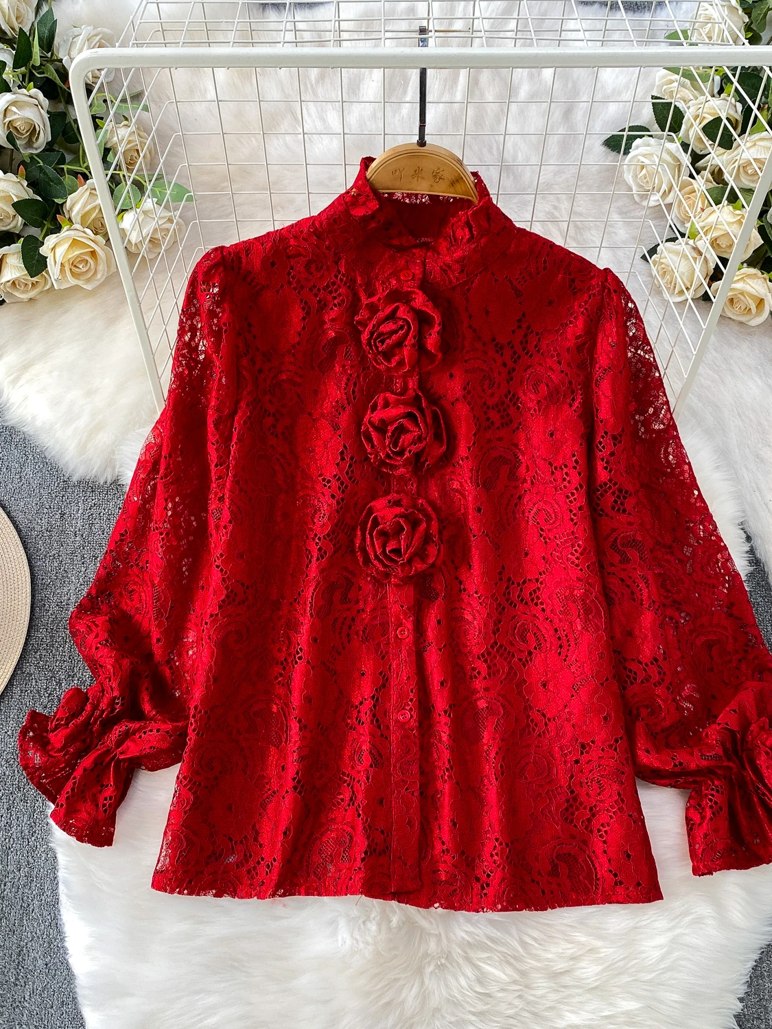 

Sweet Floral Stand Collar Shirt Women's Spring Summer Long Sleeve Leaf Sleeve Base Layer Open Cardigan Top Gentle Style