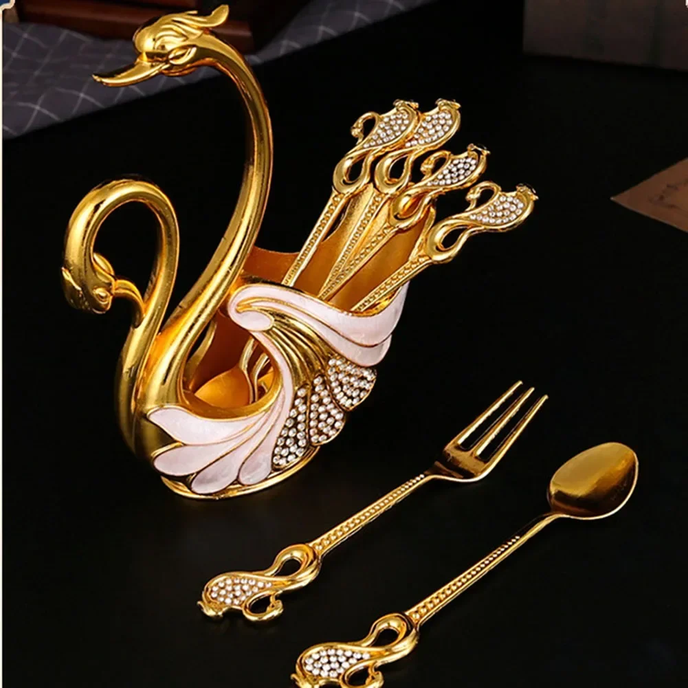 6pcs Coffee Spoons/forks Set With 1 Swan Shape Base Holder Alloy Swan Base Spoon Organizer Elegant Fruit/Dessert Swan Flatware