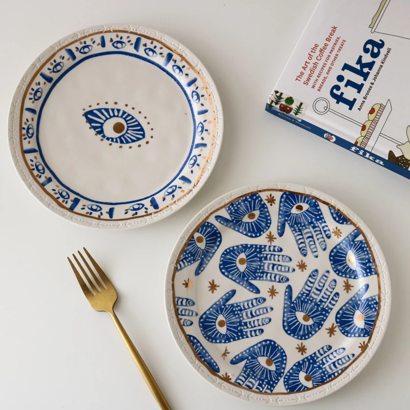 

Ceramic Eyes and Palms Pattern Golden Edge Hand Knead 8 Inch Plate/Artistic Plate/Dessert Plate