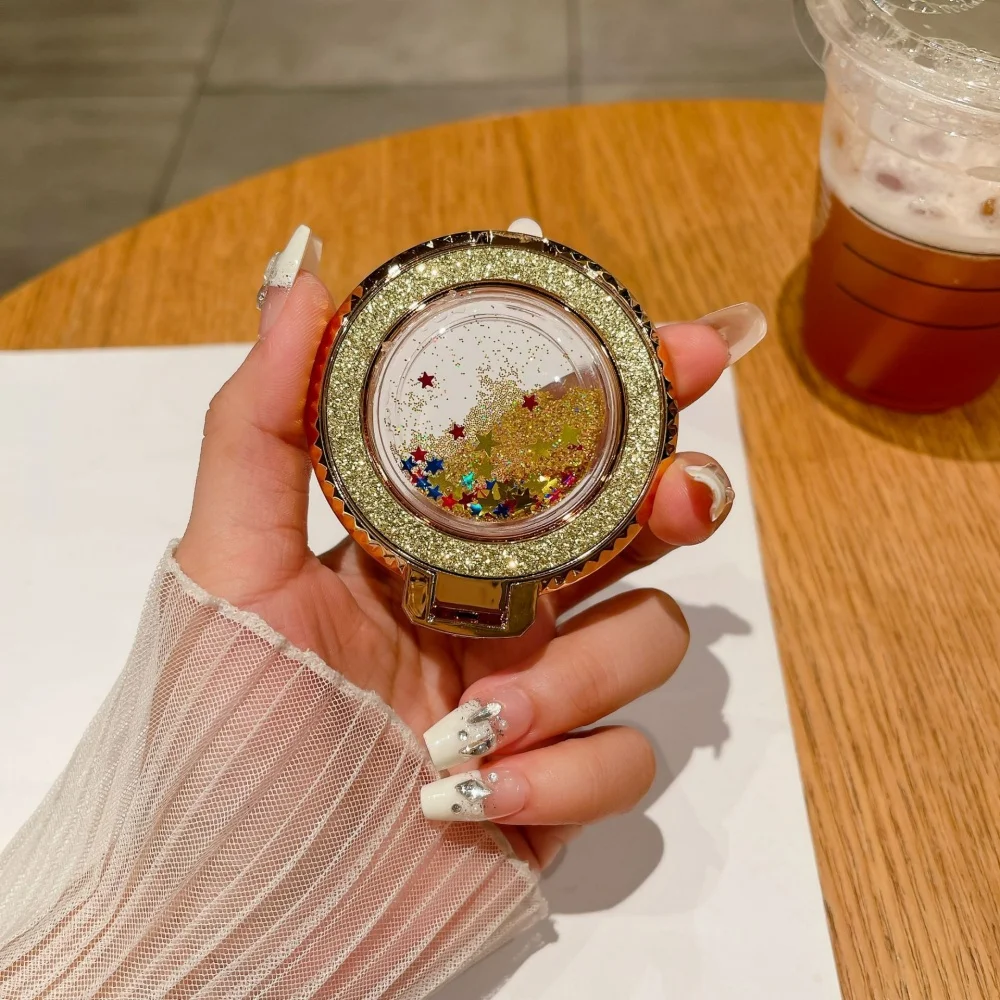 Fashion Liquid Glitter Bling Quicksand Plating Finger Ring Holder Mobile Phone Stand 360 Rotating For IPhone 16 Xiaomi Samsung