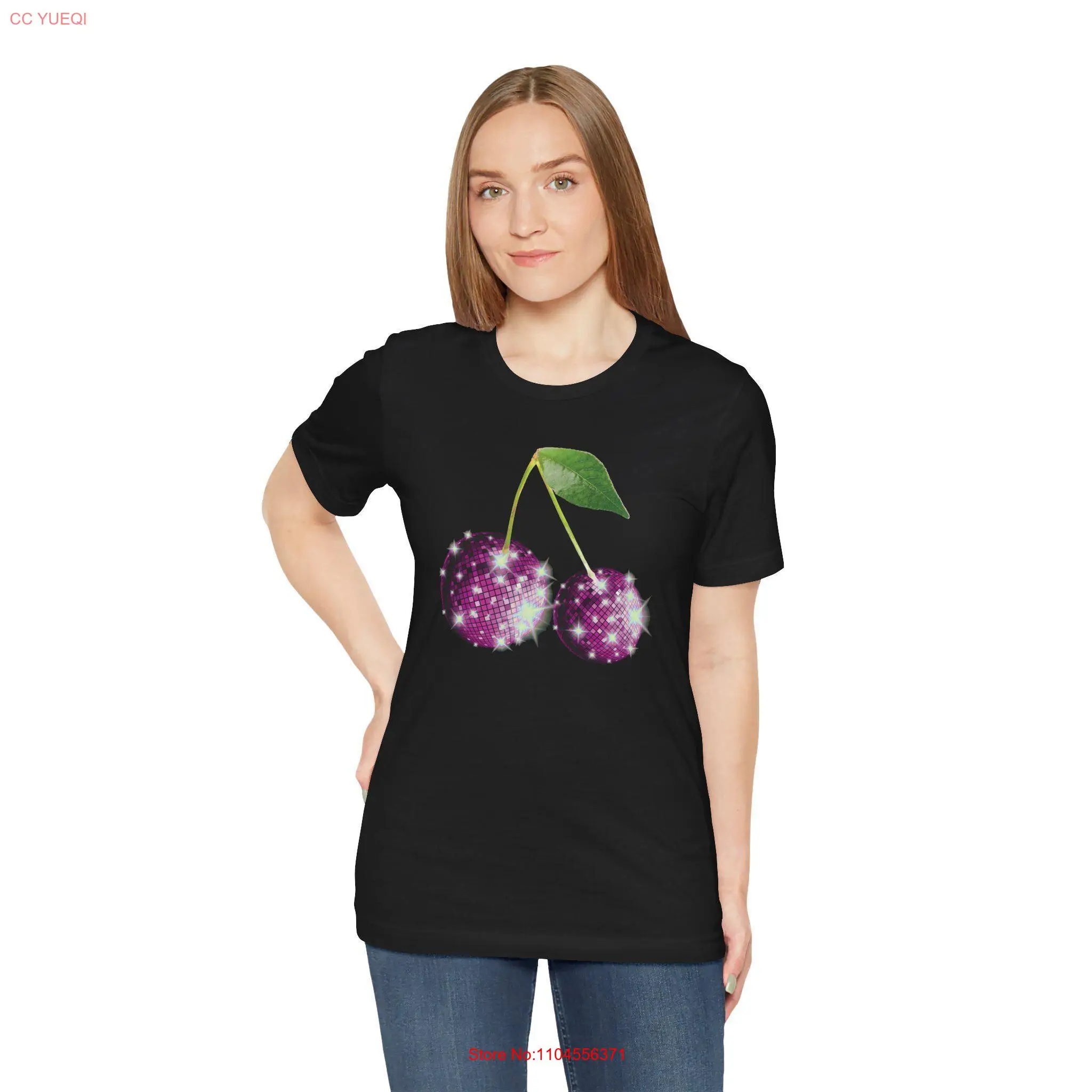 Cherry Disco Ball T Shirt Women's Mirror Aesthetic Shirtn Trendy Glitter Cherries Purple long or short sleeves