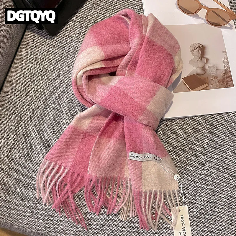 100% Pure Wool Scarf Female Winter Warm Cashmere Shawl Checkerboard Grain Design Couple Accessory Premium Sense Windproof Scarf
