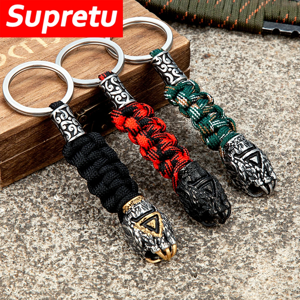 Retro Norse Bear Claw Keychain Handmade Braided Men Vikings Wolf Paracord Rope Survival Keyring Stainless Steel Outdoor Jewelry