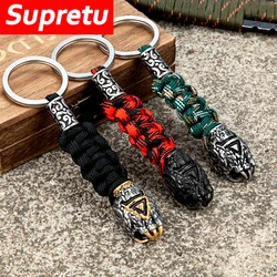 Retro Norse Bear Claw Keychain Handmade Braided Men Vikings Wolf Paracord Rope Survival Keyring Stainless Steel Outdoor Jewelry