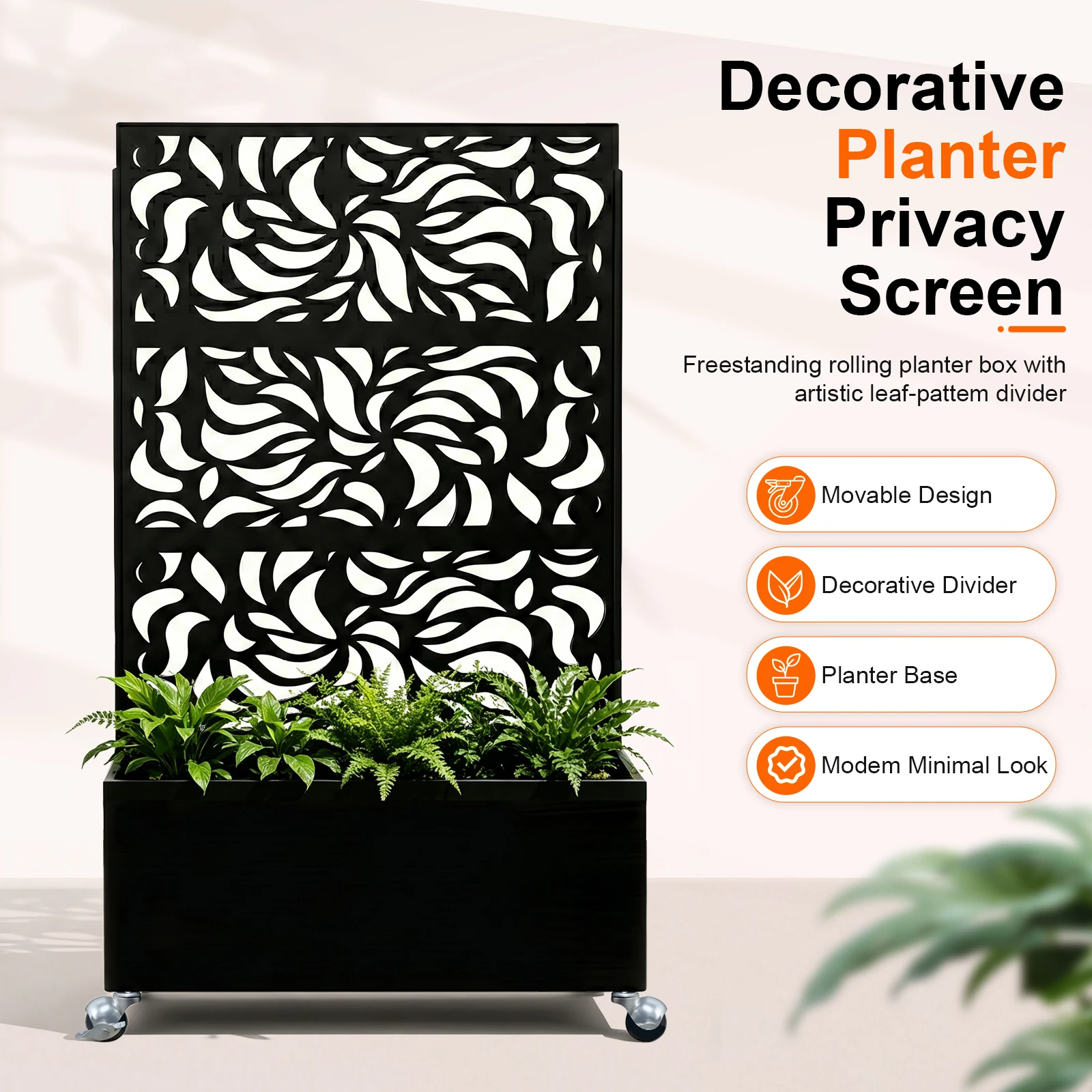 70.87" H × 46.06" W Leaf Pattern Privacy Screen with Planter Box, Black Metal Freestanding Decorative Fence Planter for Patio view 6