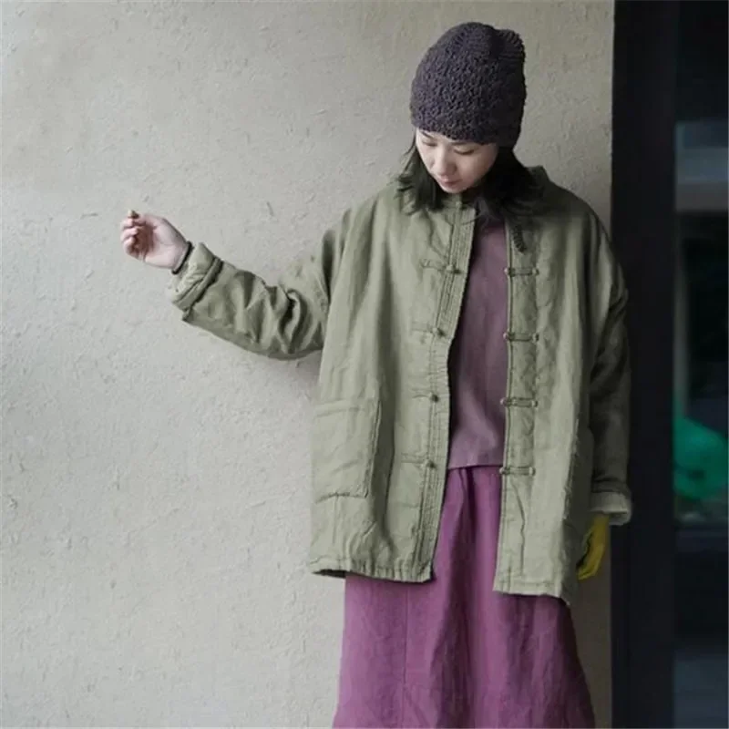 2025 جديد سترة قطن الصلبة غير رسمية المرأة الرجعية معطف دافئ فضفاض الشتاء الوقوف طوق مشبك ملابس خارجية