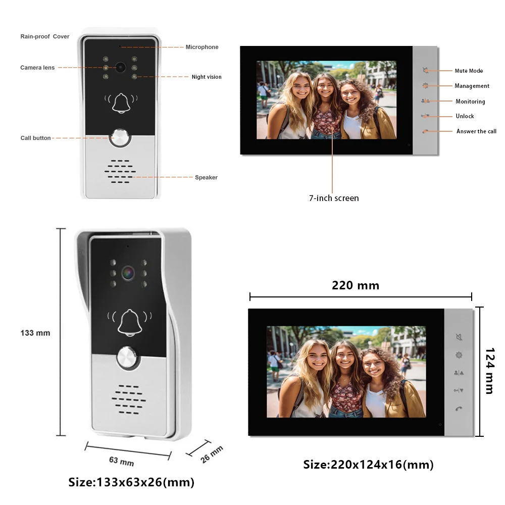 Visual doorbell, home wired building intercom, villa high-definition monitoring with display screen, electronic access control