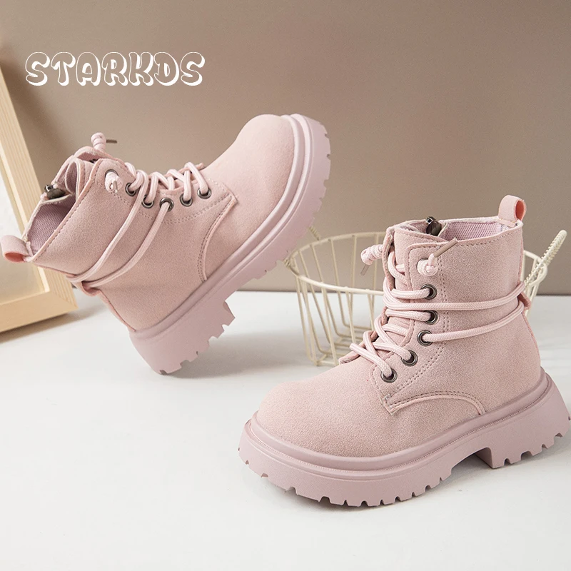 

Pink Purple Flat Ankle Boots Kid Boy Girl Autumn Casual Thick Sole Short Booties Baby Child Brand Design Lace-Up Hiking Botas