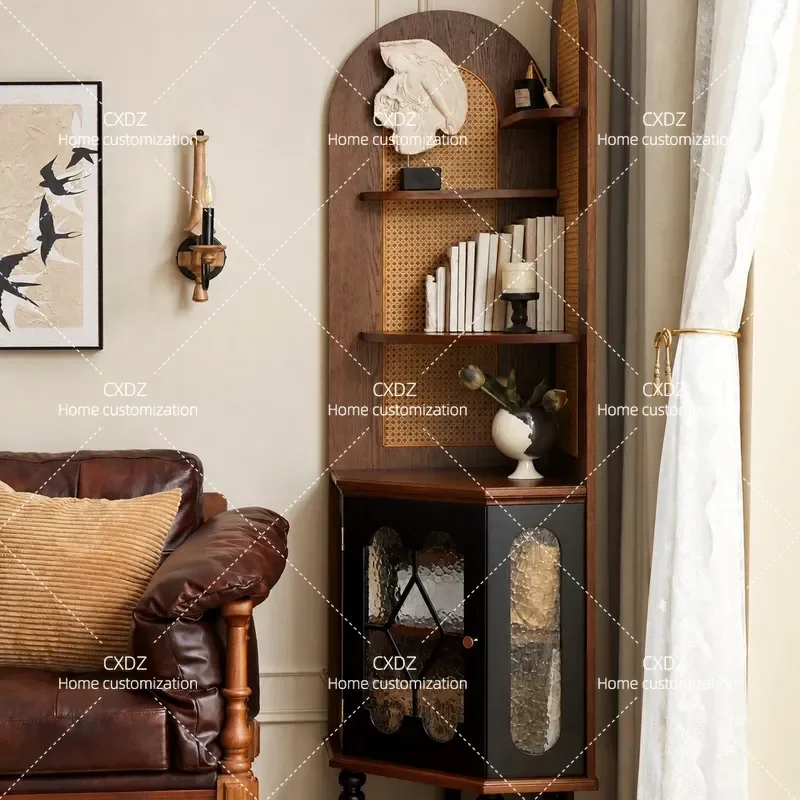Nordic solid wood corner bookshelf corner French triangle bedroom living room corner  retro storage cabinet shelf