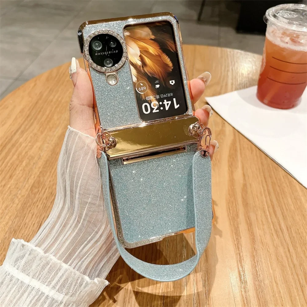 

For OPPO Find N3 N2 Flip Case Luxury Electroplated Bling Glitter Shiny Wrist Strap Folding Shockproof Protective Hard Back Cover