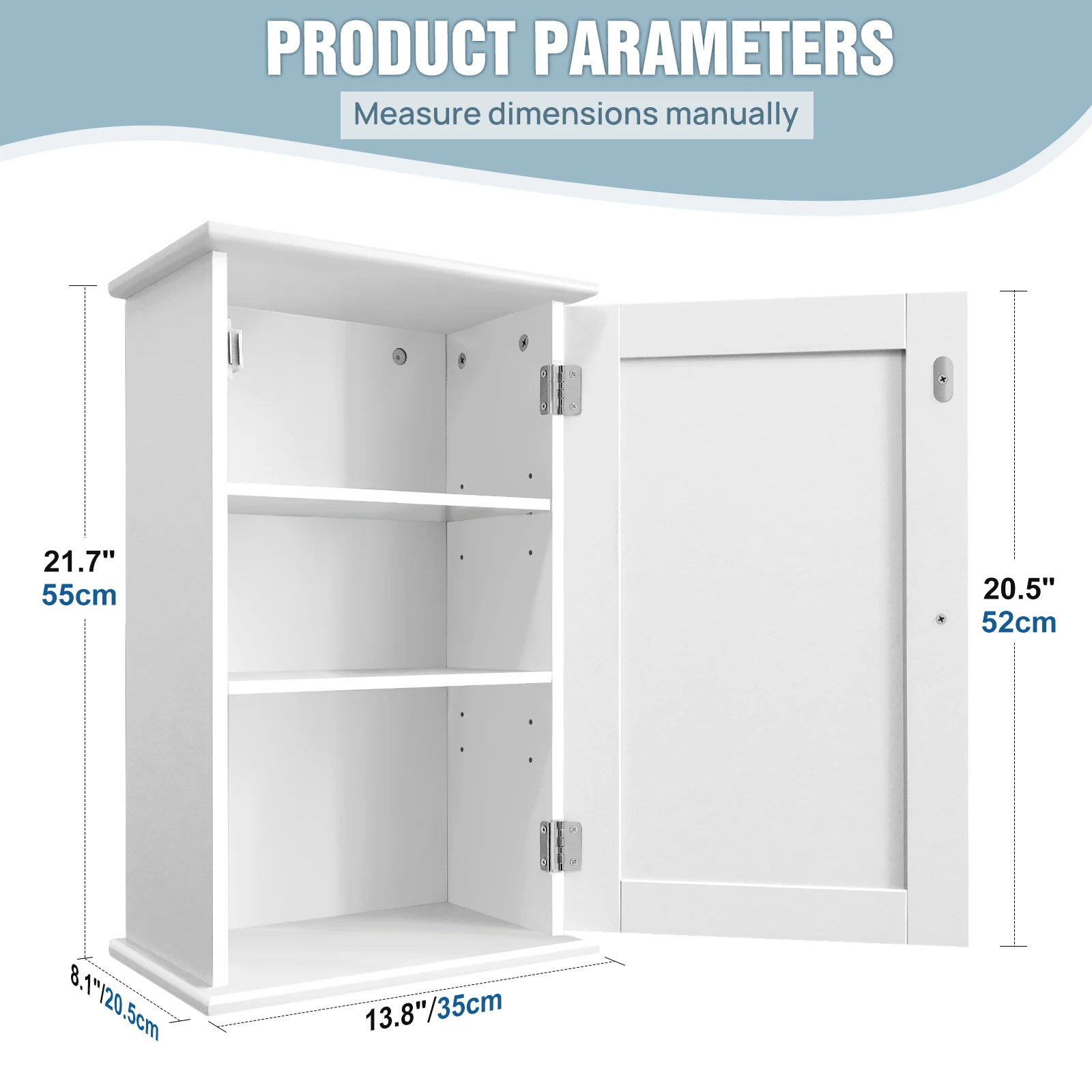 3 Tier Bathroom Storage Cabinet with Single Door, Storage Unit Cabinet for Bathroom Living Room Kitchen, 35 x 20 x 55 cm, White