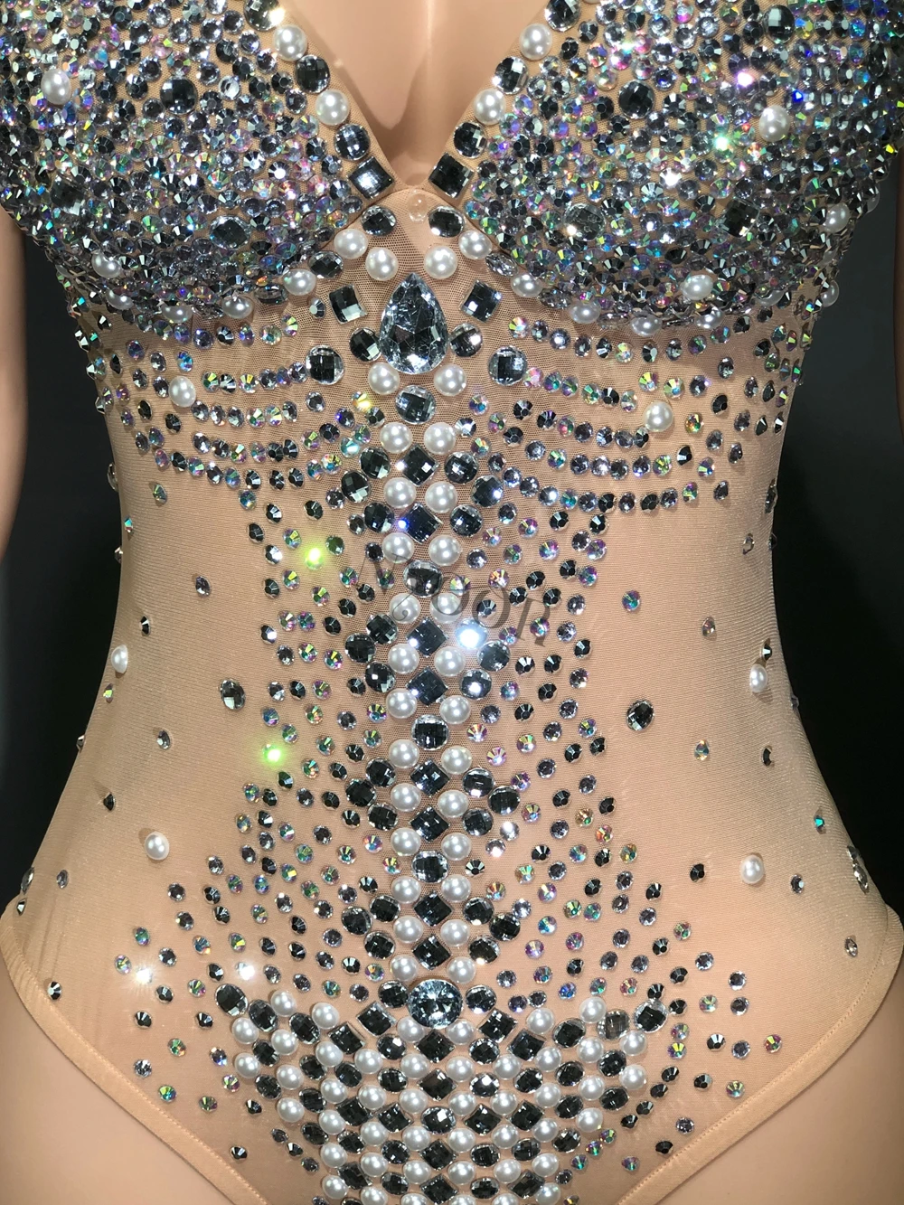 Traje de baile de actuación de bailarina de cantante para mujer, ropa de escenario Sexy, malla transparente, Body de diamantes de imitación, leotardo de fotografía