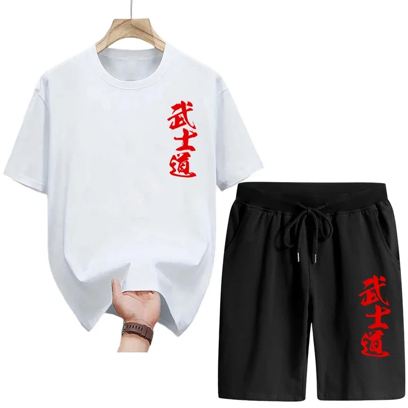 

2025 Summer New Men's Tracksuit Pure Cotton T-shirts and Quick-dry Shorts 2 Piece Set Japan Bushido Print Sportswear Gym Outfits