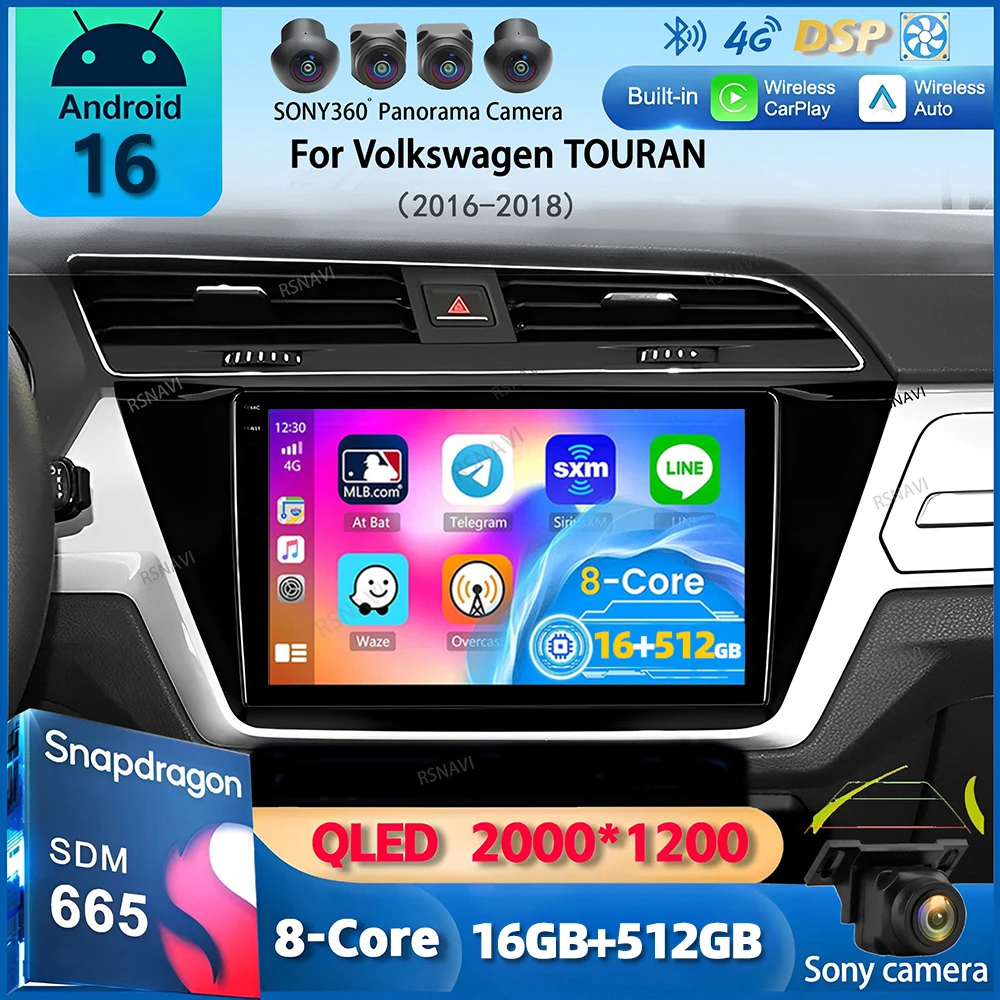 Android 16 Carplay Autoradio für Volkswagen TOURAN 2016 2017 2018 Multimedia-Videoplayer WIFI+4G GPS-Navigation DSP Stereo