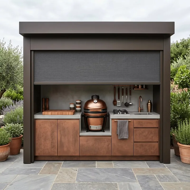 304 stainless steel outdoor kitchen shed set for garden with roller blinds, antibacterial outdoor kitchen grill