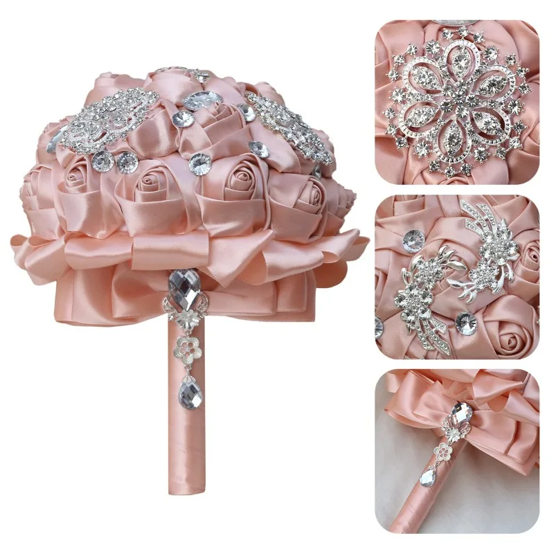 European American Brides  Bridesmaids Wedding Bouquet Rhinestone Ribbon Rose Handmade Wedding Church Decoration W317H