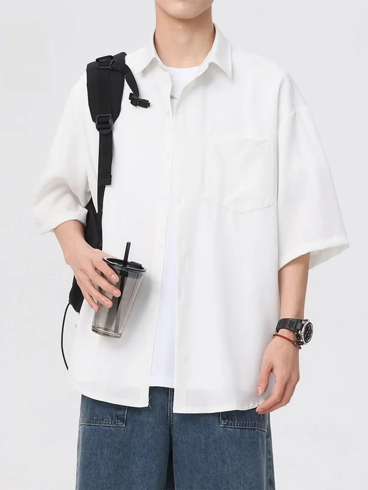 

White ort Sve Casual irt Men's Summer New Loose Fit Pure Color Turn-down Collar Breathable Polyester Fiber irt