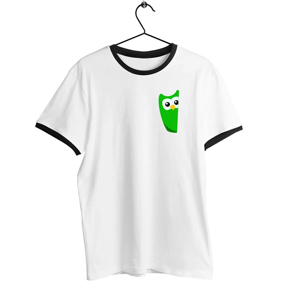 للجنسين الرجال النساء الأسود تقليم تي شيرت Duolingo البومة الموت الطيور الثنائي تحية العمل الفني المحملة #2