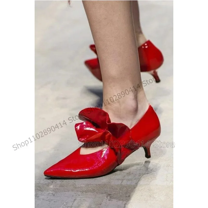 

Red Patent Leather Falbala Design Pointed Toe Pumps Slip On Women Shoes Thin High Heels Fashion Runway 2025 Zapatos Para Mujere