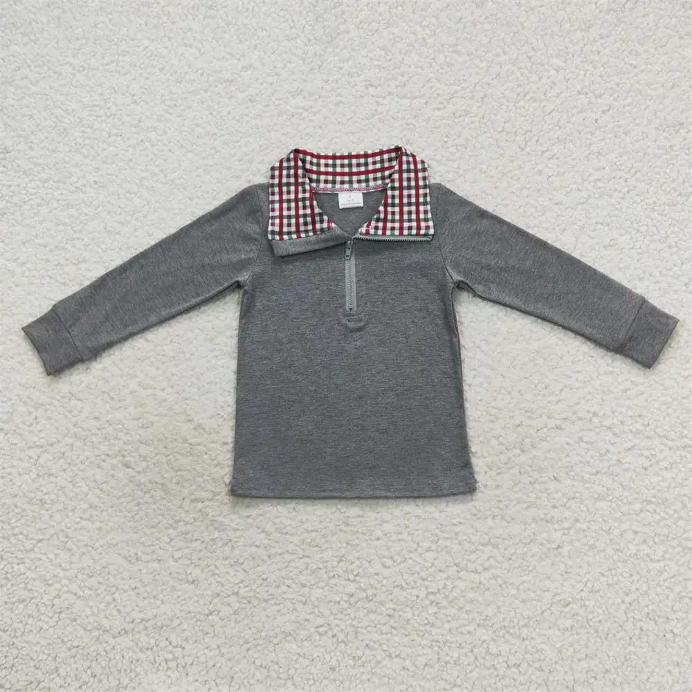 

Wholesale Children Grey Long Sleeves Shirt Clothing Baby Boy Collar Tee Red Green Plaid Lapel Zipper Cotton Toddler Kid Pullover