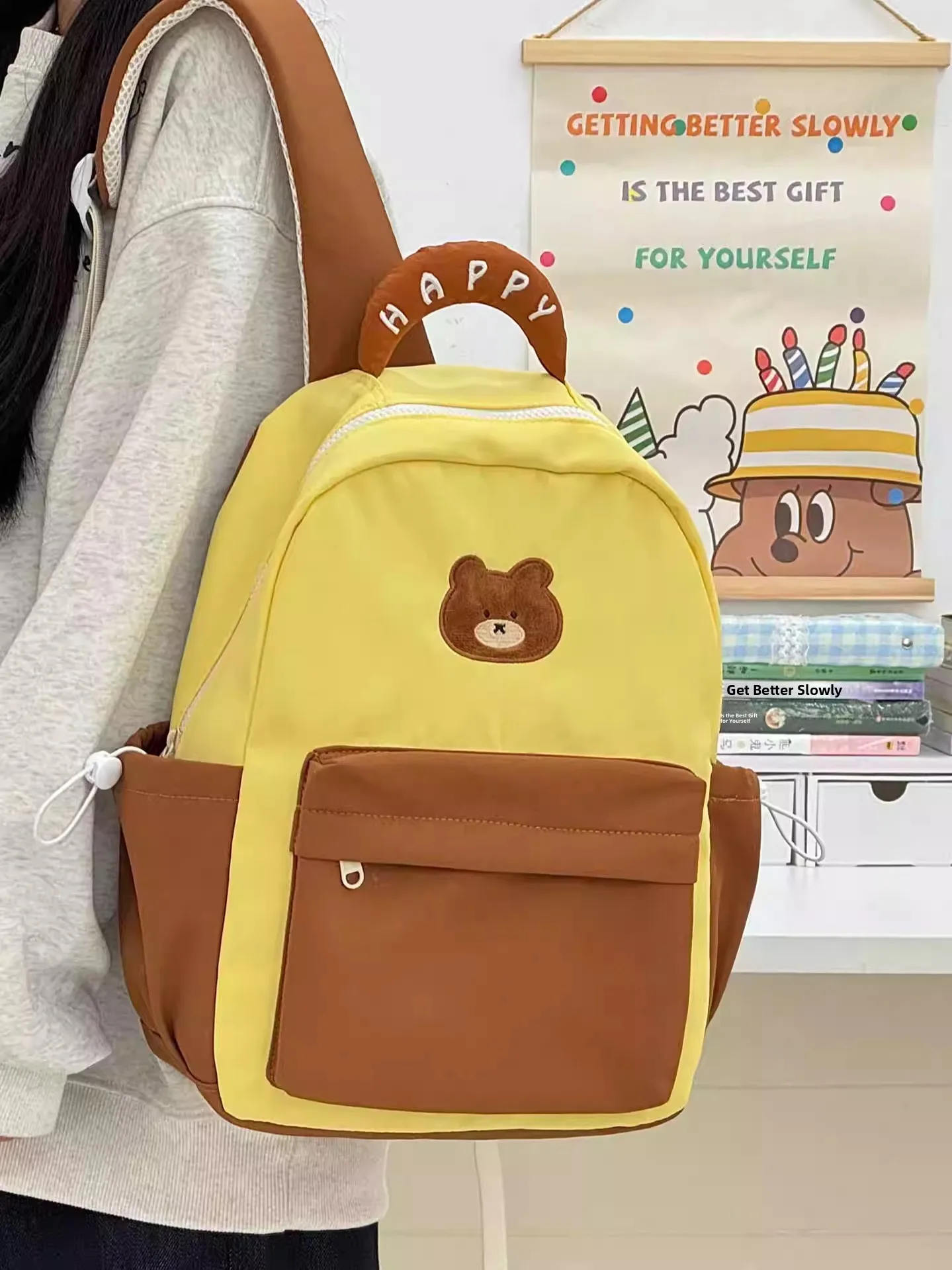 

Adorable Bear Backpack for School Girls Fashionable Cartoon Spine Protection Double Shoulder Bag Nylon Material Zipper ...