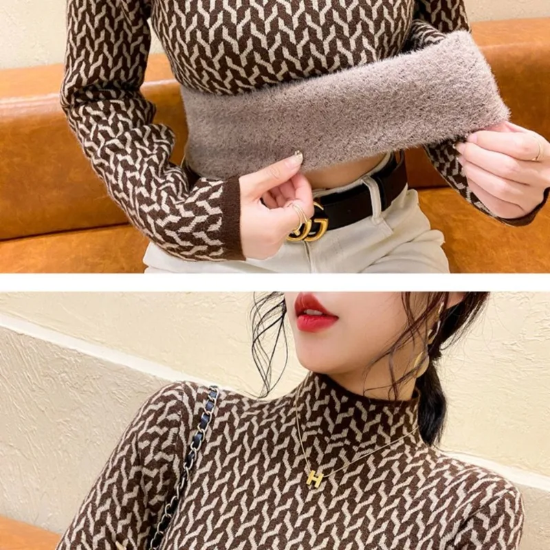 Women\'s Autumn Winter Half High Neck Plus Velvet Pullover Long Sleeve Underlay Chic Sweater Fashion Versatile Elegant Lady Tops