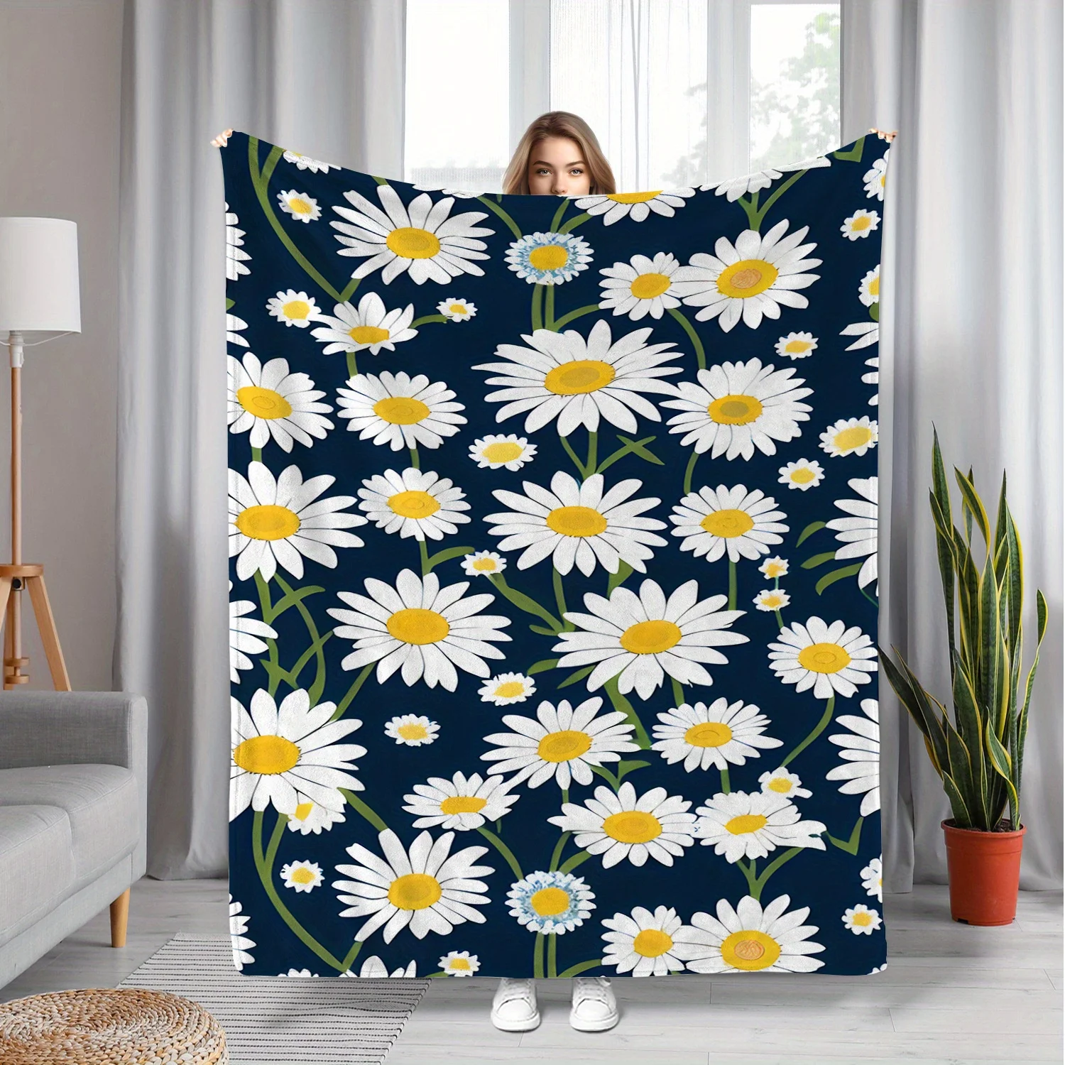 

1 шт. современное одеяло с принтом ромашки, полиэфирная ткань, можно стирать в машине, подходит для украшения спальни и гостиной