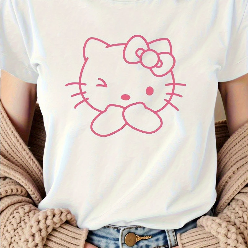 

HelloKitty Women's T-shirt Casual White Pink Bow Heart-shaped Suitable for Daily Wear