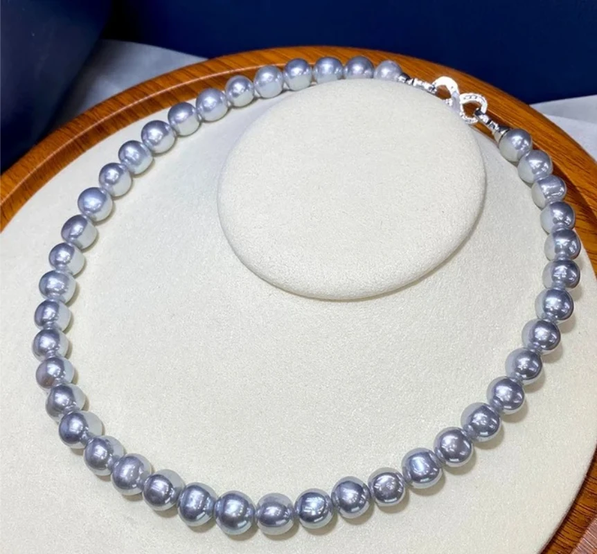 

Natural 17"8-9mm Gray Round Pearl Necklace 925s for Women Jewelry