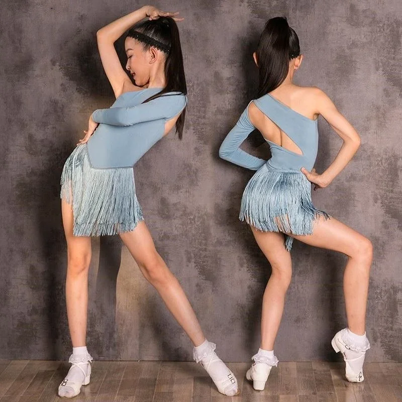 

Girl Latin Dance Dress for Girls Blue Long-sleeved Backless Leotard Tassels Skirt Suit Samba Training Performances Costume
