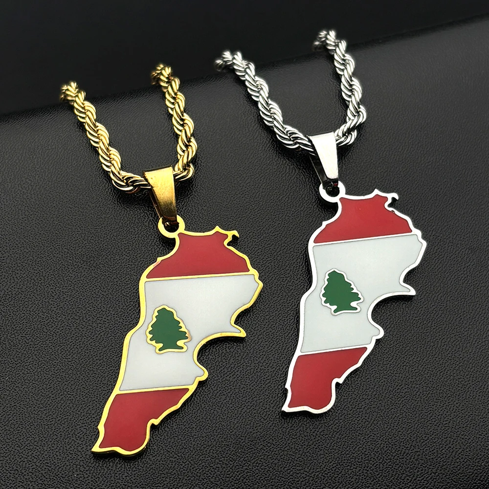 Ethnic Fashion Show - Lebanon Country Map Flag Pendant Necklace