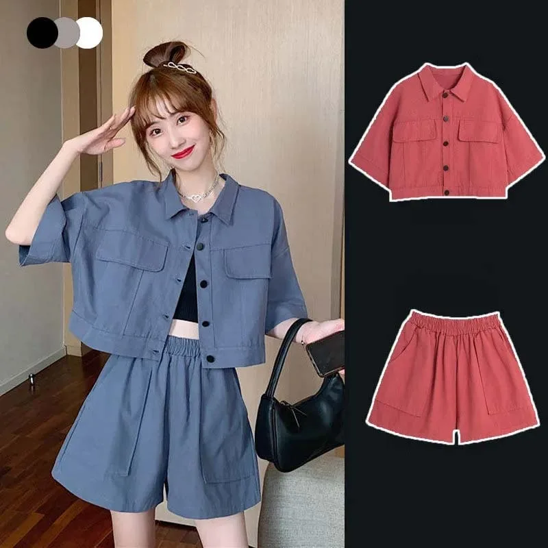 Fashion Women\'s Two-piece POLO Collar Cardigan Jacket+drawstring Elastic High Waisted Shorts for Commuting Sweet Korean Fashion