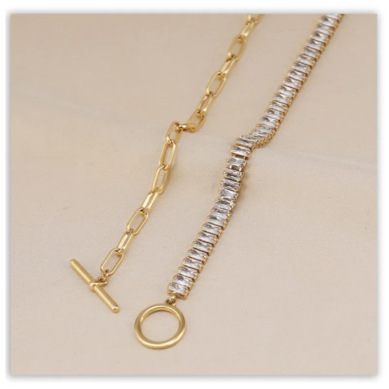 Colar curto feminino assimétrico de aço titânio zircão, colar estilo metal, corrente simples de clavícula