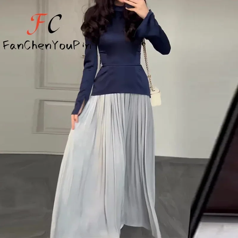 Autumn New Women\'s Dress Fashion Vintage Pleated Long Sleeve Vintage Skirt Office Lady Patchwork Slim Fit Elegant Party Dresses