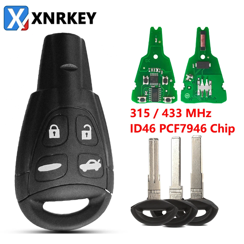 

XNRKEY 4 Button Remote Key ID46/PCF7946 Chip 315/433Mhz for Saab 9-3 9-5 2003-2010 Car Key with Uncut Blade FCC: LTQSAAM433TX