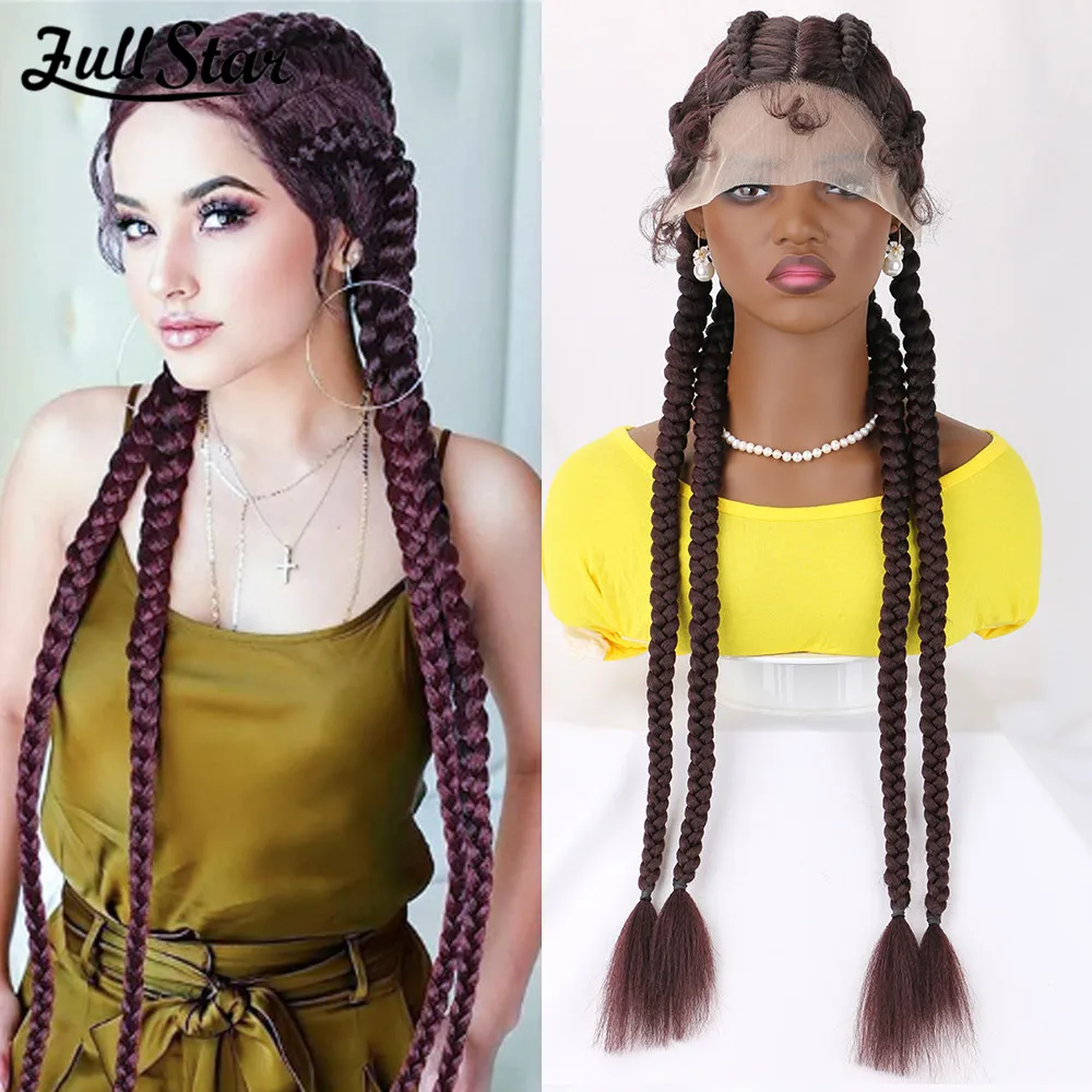 

Full Star 36 Synthetic Fiber Black Ombre 99j Hand-Braided Synthetic Lace Front Cornrow Braids Wigs with Baby Hair Burgundy