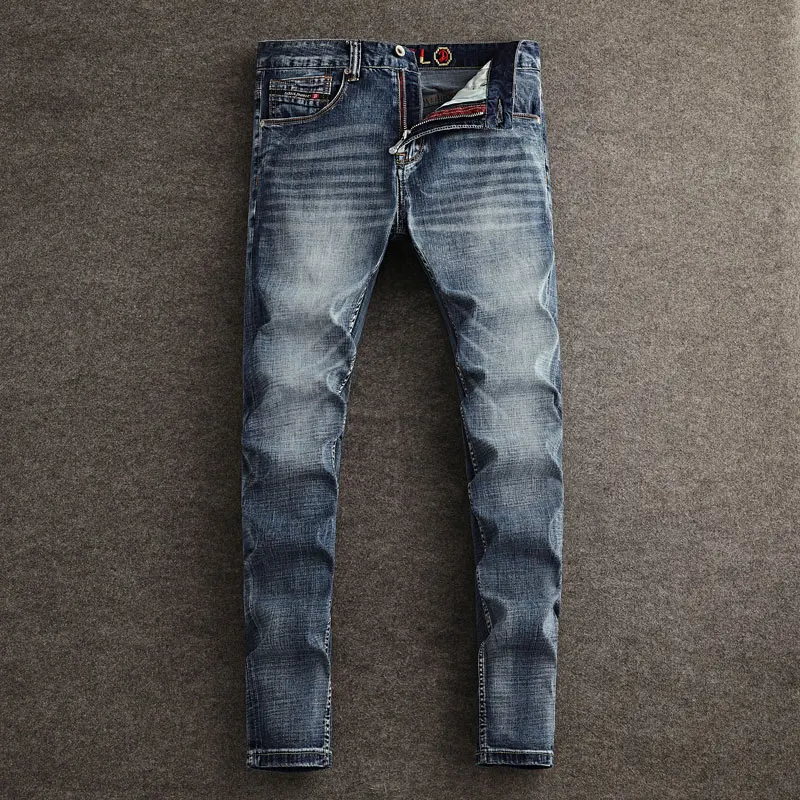 

Italian Style Fashion Men Jeans High Quality Retro Washed Blue Stretch Slim Fit Ripped Jeans Men Vintage Designer Denim Pants