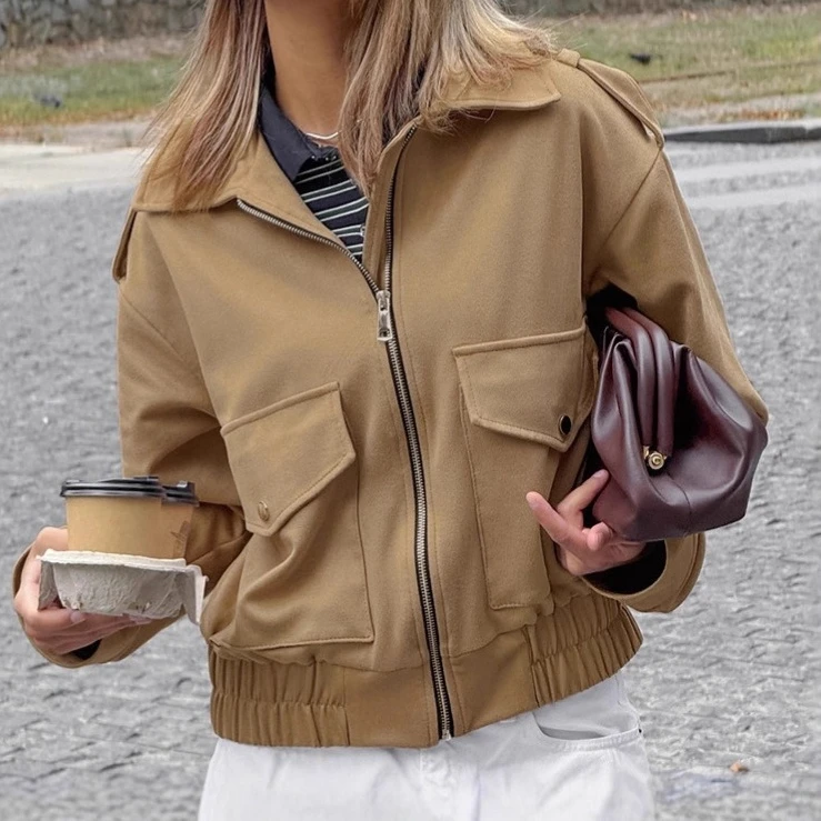 

Коричневая замшевая куртка-бомбер, женская винтажная куртка большого размера с зубчатыми лацканами 2025, зимнее модное пальто