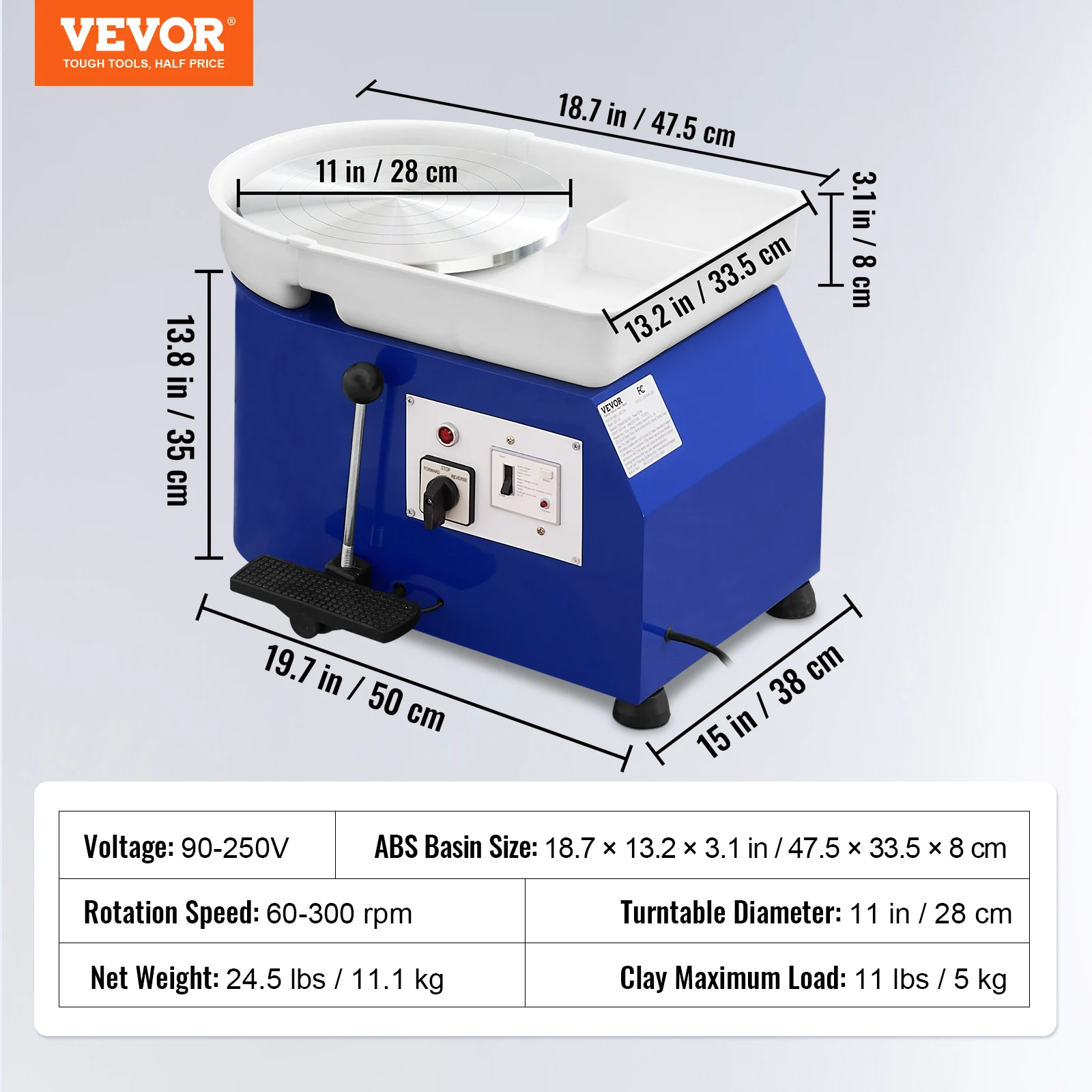 SucceBuy 11in Aardewerk Wiel Keramische Vormmachine Verstelbare 60-300 RPM Snelheid Handvat Voetpedaal Controle ABS Afneembare Wastafel