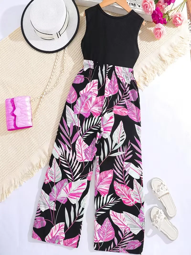 Girls Tropical Jumpsuit – Black Sleeveless Top with Pink Leaf Print Wide Leg Pants Romper for Summer