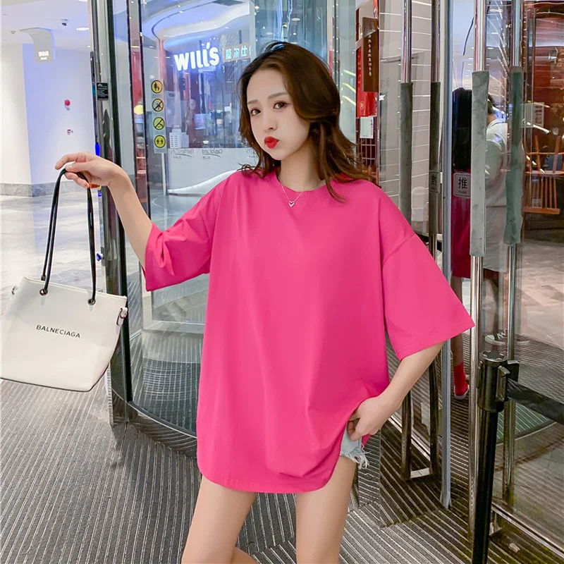 

2024 Summer Pregnant Woman Clothes Long Loose Cotton T-Shirt Plus Size Maternity Solid Color Casual Tees Fashion Pregnancy Tops