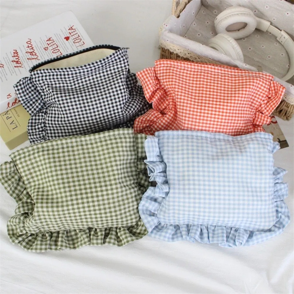 Durable Ruffle Plaid Makeup Bag Large Capacity Portable Cosmetic Pouch Toiletry Bag Home&Travel