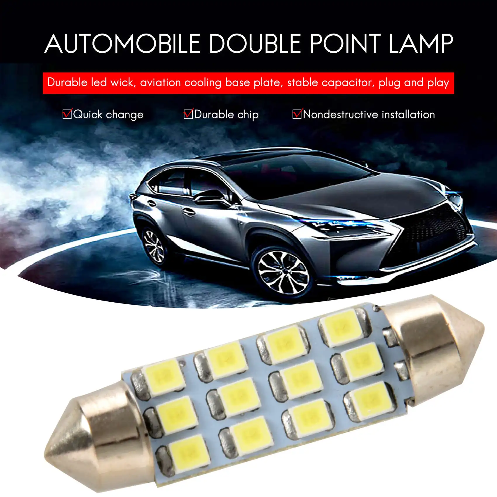 ABZV-42mm 12 SMD 3528 LED White Car Interior c5w Dome Festoon Bulb Light Lamp DC 12V