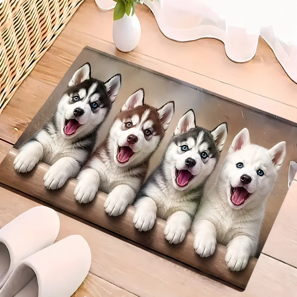 Cute Husky Puppies Doormat Front Door Mat Four Lovely Siberian Husky Dogs Print Entryway Porch Floor Rug Home Decor