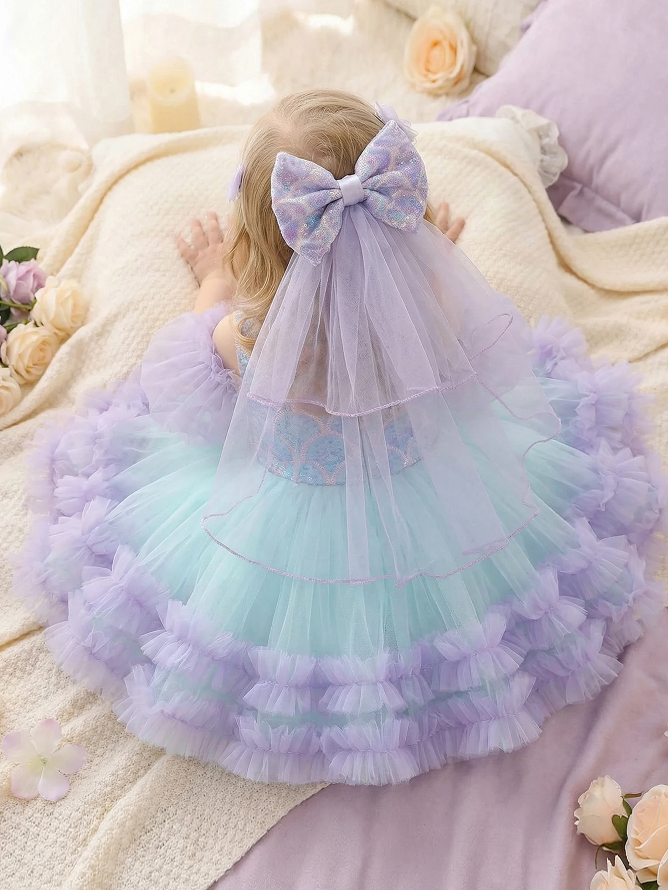 

Платье для маленьких девочек с пышными рукавами в горошек и бантом, из сетчатого шелка, фиолетовое, для свадебного сезона, элегантное праздничное платье на день рождения, с головным убором