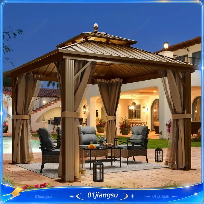 Double Roof Hardtop Gazebo Waterproof Aluminum Pavilion with LED Lights Outdoor Garden Patio Backyard Canopy Tent Shade