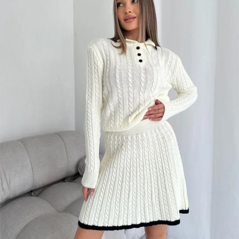 Women\'s Solid Knitted Pullover Skirt Sets Turndown Collar Sweater Long Sleeve Slim Sweaters with Short Skirts Elegant Women Sets